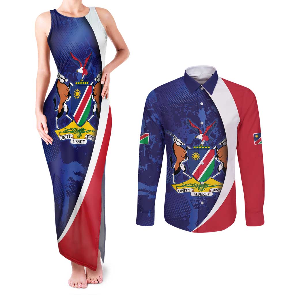 Namibia Cricket Custom Couples Matching Tank Maxi Dress and Long Sleeve Button Shirt Coat of arms Namibian Pattern - Wonder Print Shop