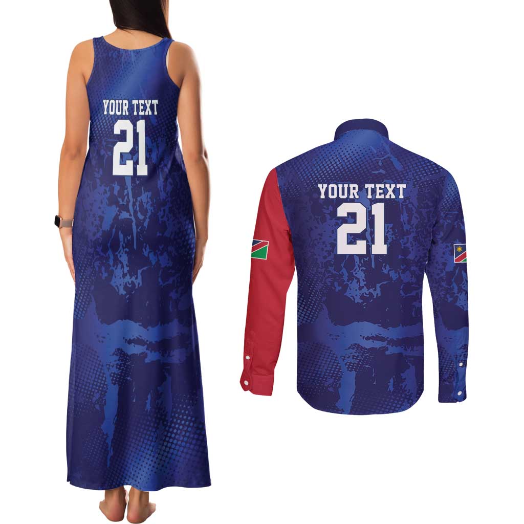 Namibia Cricket Custom Couples Matching Tank Maxi Dress and Long Sleeve Button Shirt Coat of arms Namibian Pattern - Wonder Print Shop