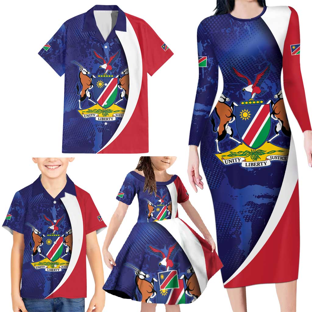 Namibia Cricket Custom Family Matching Long Sleeve Bodycon Dress and Hawaiian Shirt Coat of arms Namibian Pattern - Wonder Print Shop