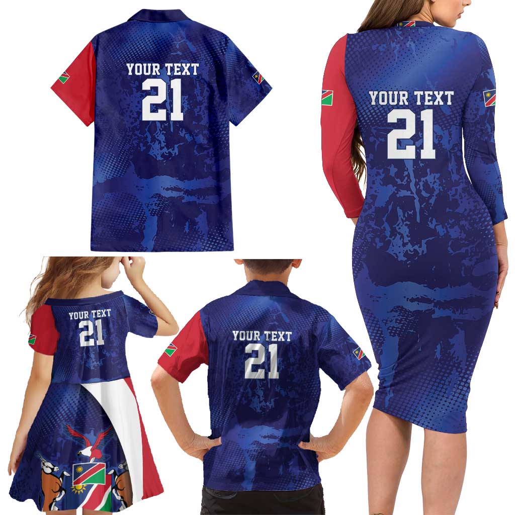 Namibia Cricket Custom Family Matching Long Sleeve Bodycon Dress and Hawaiian Shirt Coat of arms Namibian Pattern - Wonder Print Shop