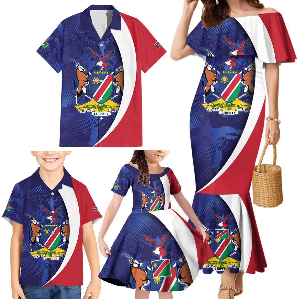Namibia Cricket Custom Family Matching Mermaid Dress and Hawaiian Shirt Coat of arms Namibian Pattern - Wonder Print Shop