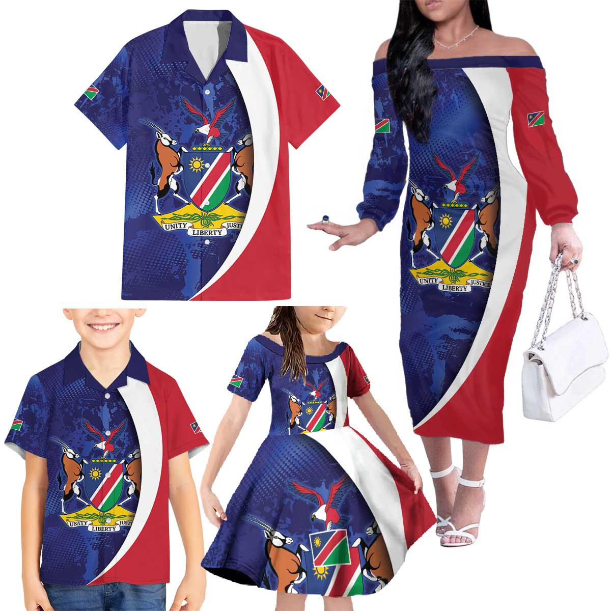 Namibia Cricket Custom Family Matching Off The Shoulder Long Sleeve Dress and Hawaiian Shirt Coat of arms Namibian Pattern - Wonder Print Shop