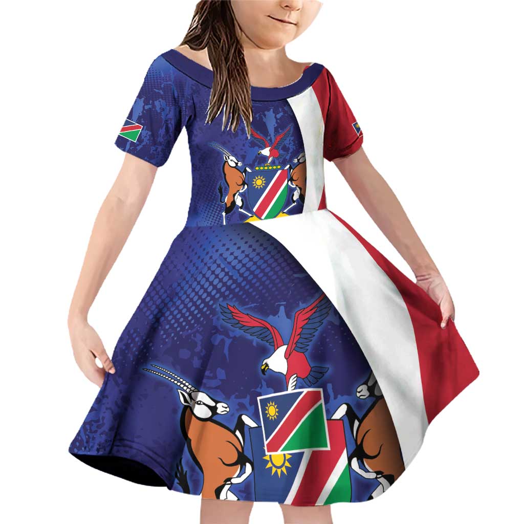 Namibia Cricket Custom Family Matching Off Shoulder Short Dress and Hawaiian Shirt Coat of arms Namibian Pattern - Wonder Print Shop
