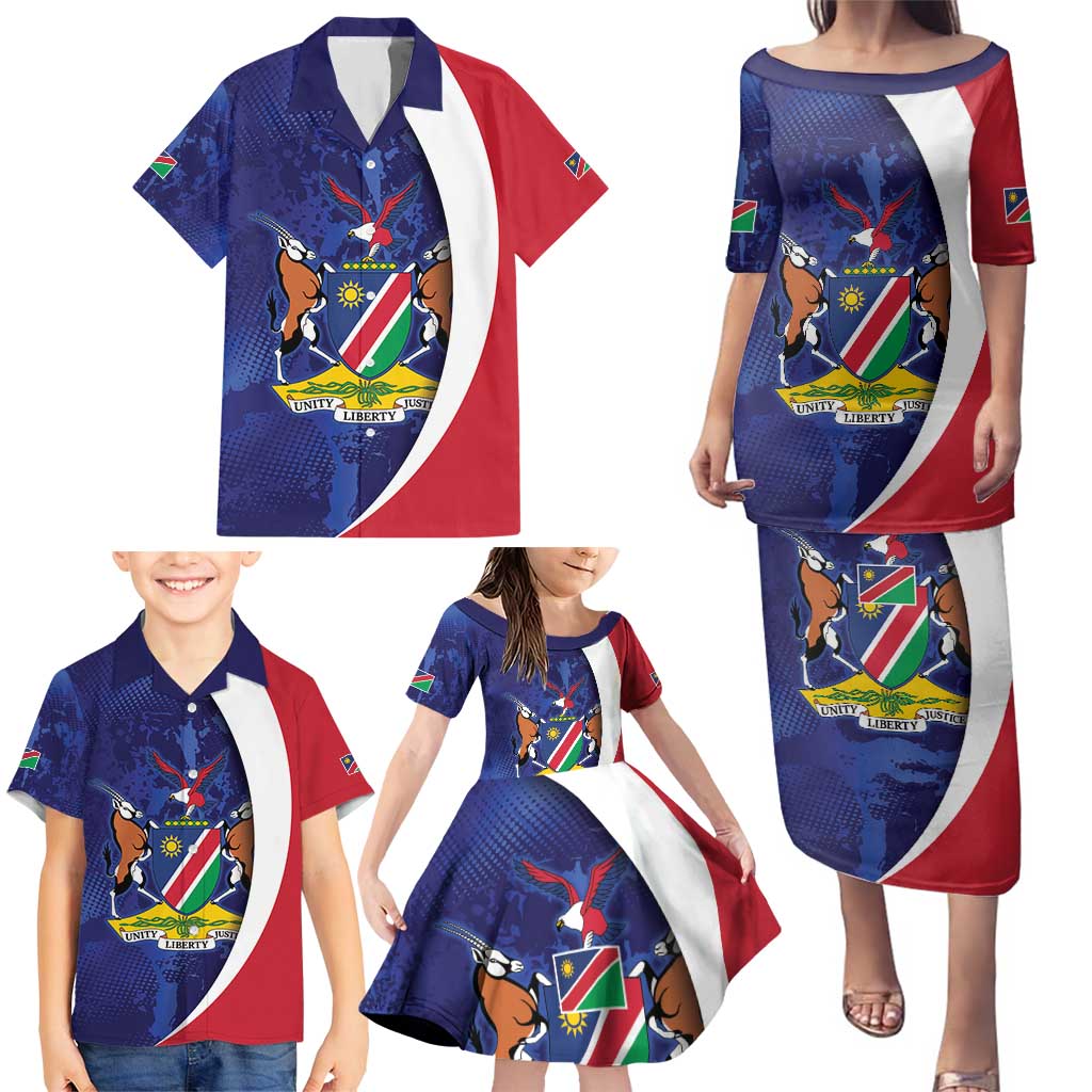 Namibia Cricket Custom Family Matching Puletasi and Hawaiian Shirt Coat of arms Namibian Pattern - Wonder Print Shop