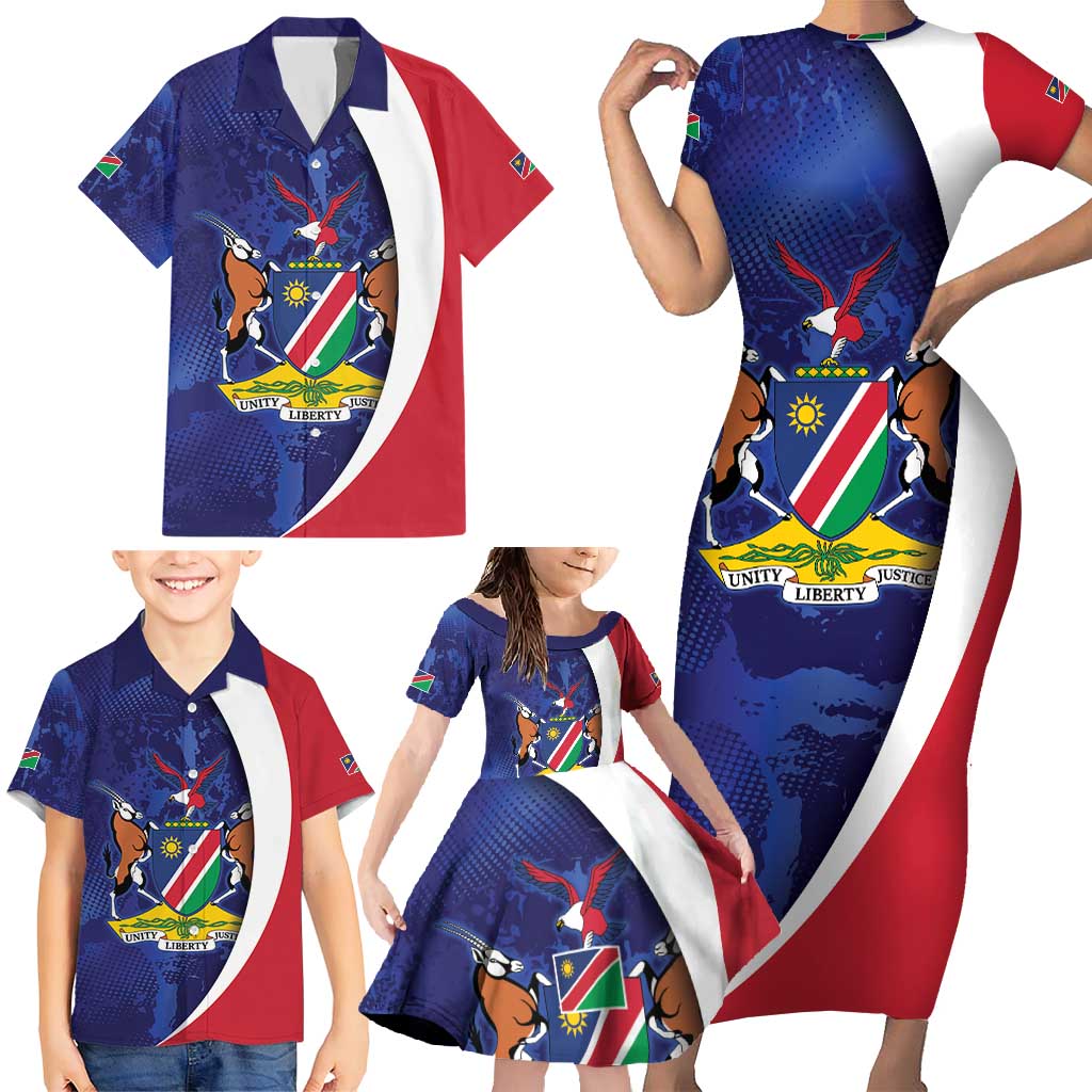 Namibia Cricket Custom Family Matching Short Sleeve Bodycon Dress and Hawaiian Shirt Coat of arms Namibian Pattern - Wonder Print Shop