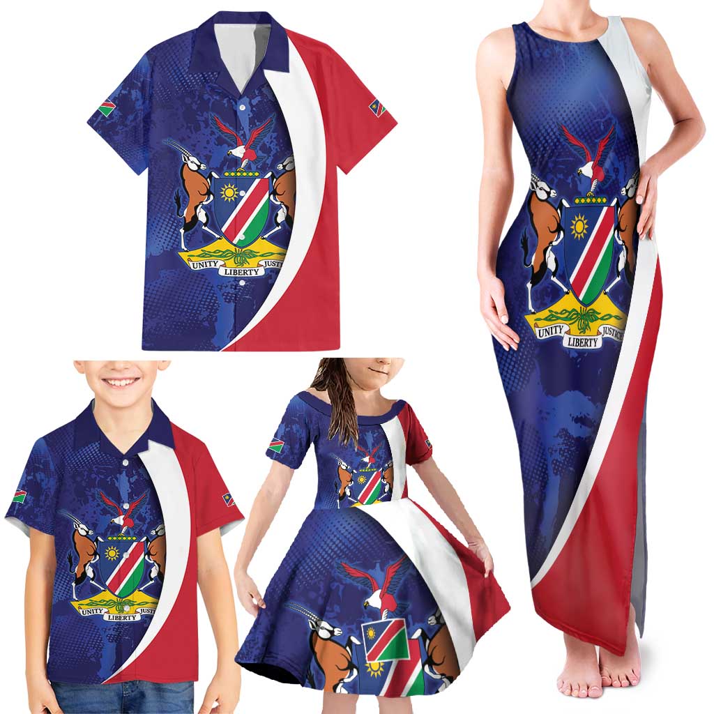Namibia Cricket Custom Family Matching Tank Maxi Dress and Hawaiian Shirt Coat of arms Namibian Pattern - Wonder Print Shop