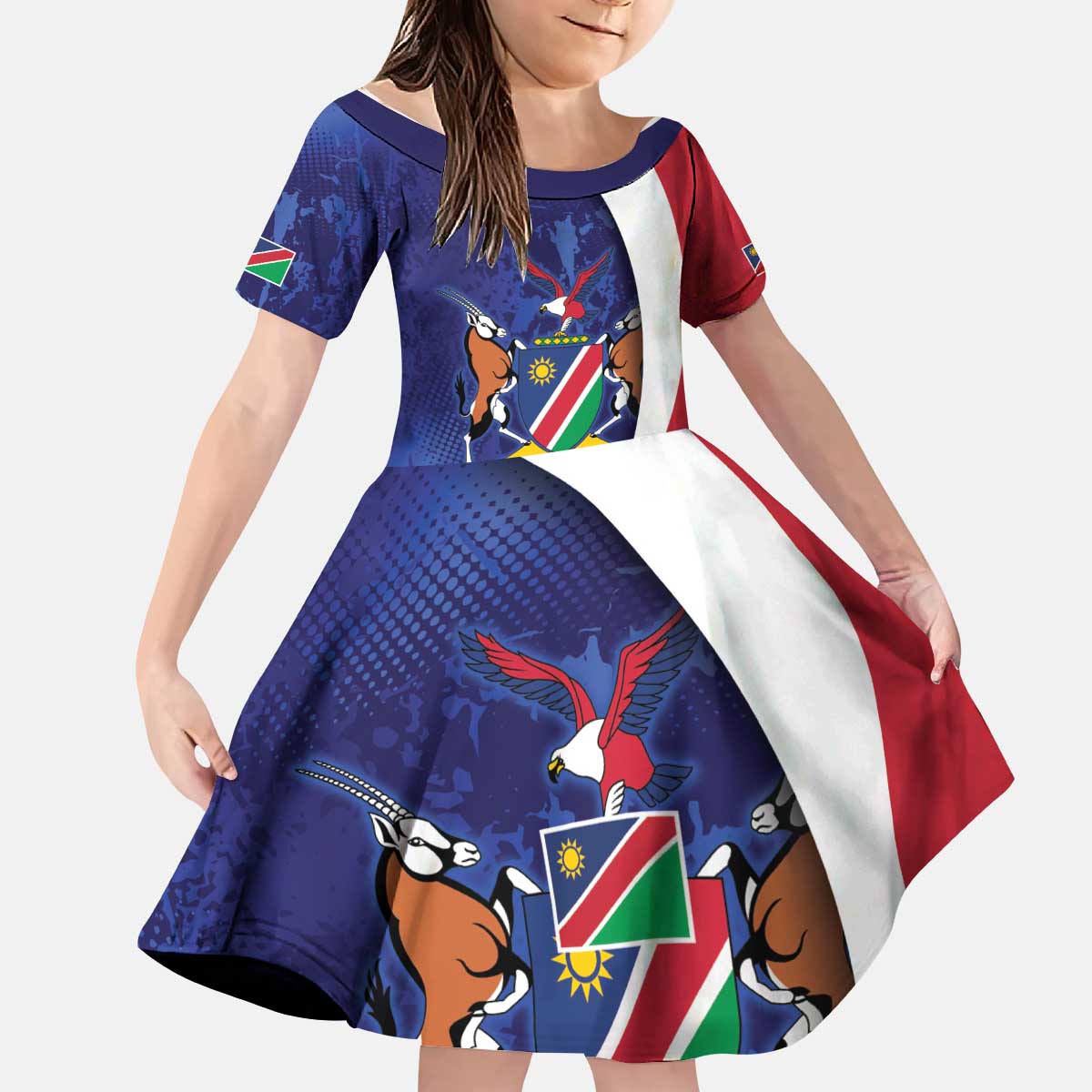 Namibia Cricket Custom Kid Short Sleeve Dress Coat of arms Namibian Pattern - Wonder Print Shop
