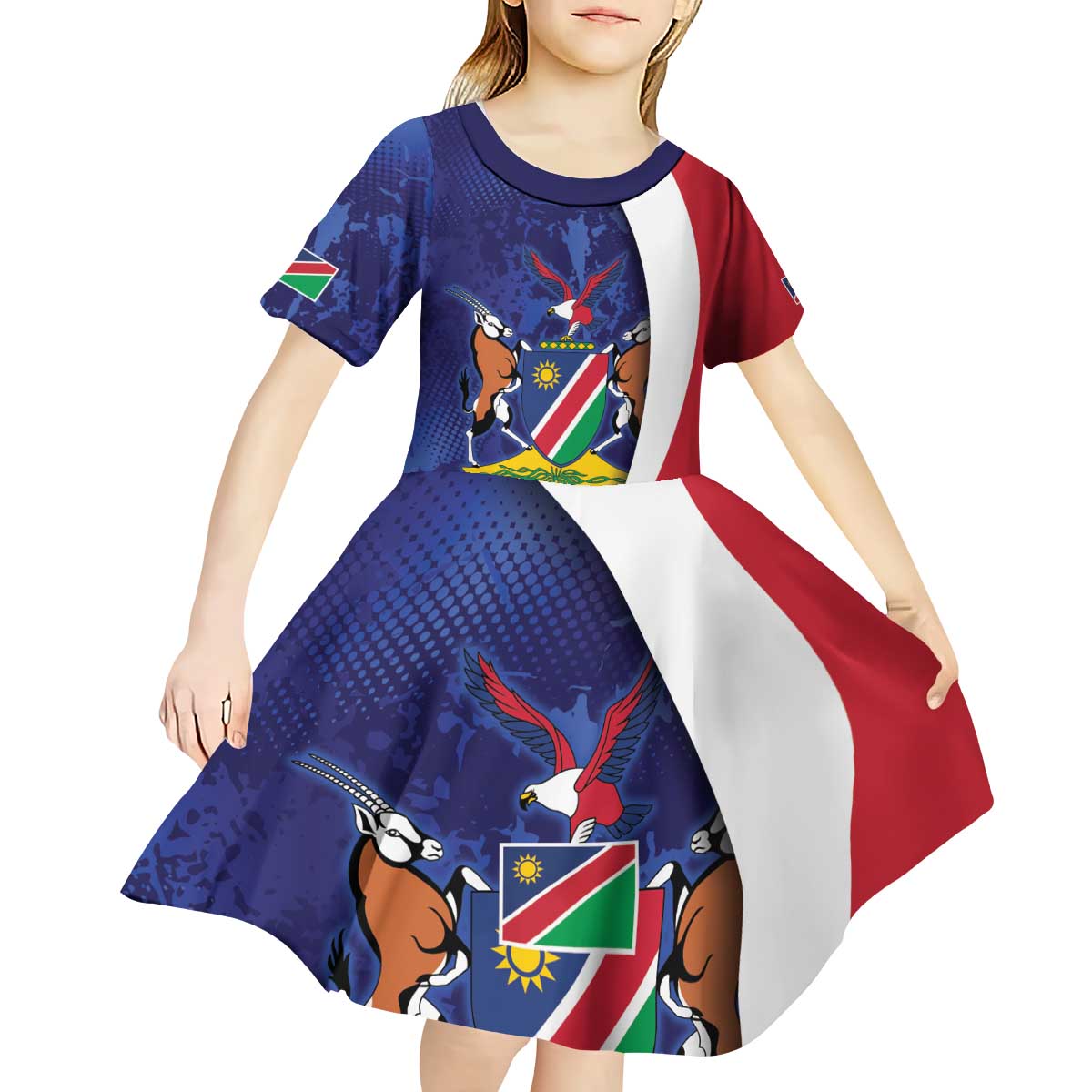 Namibia Cricket Custom Kid Short Sleeve Dress Coat of arms Namibian Pattern - Wonder Print Shop