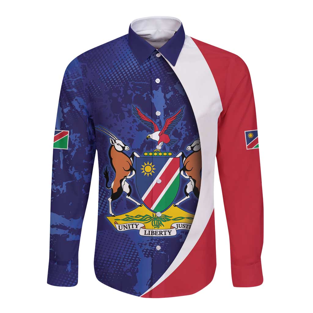 Namibia Cricket Custom Long Sleeve Button Shirt Coat of arms Namibian Pattern - Wonder Print Shop