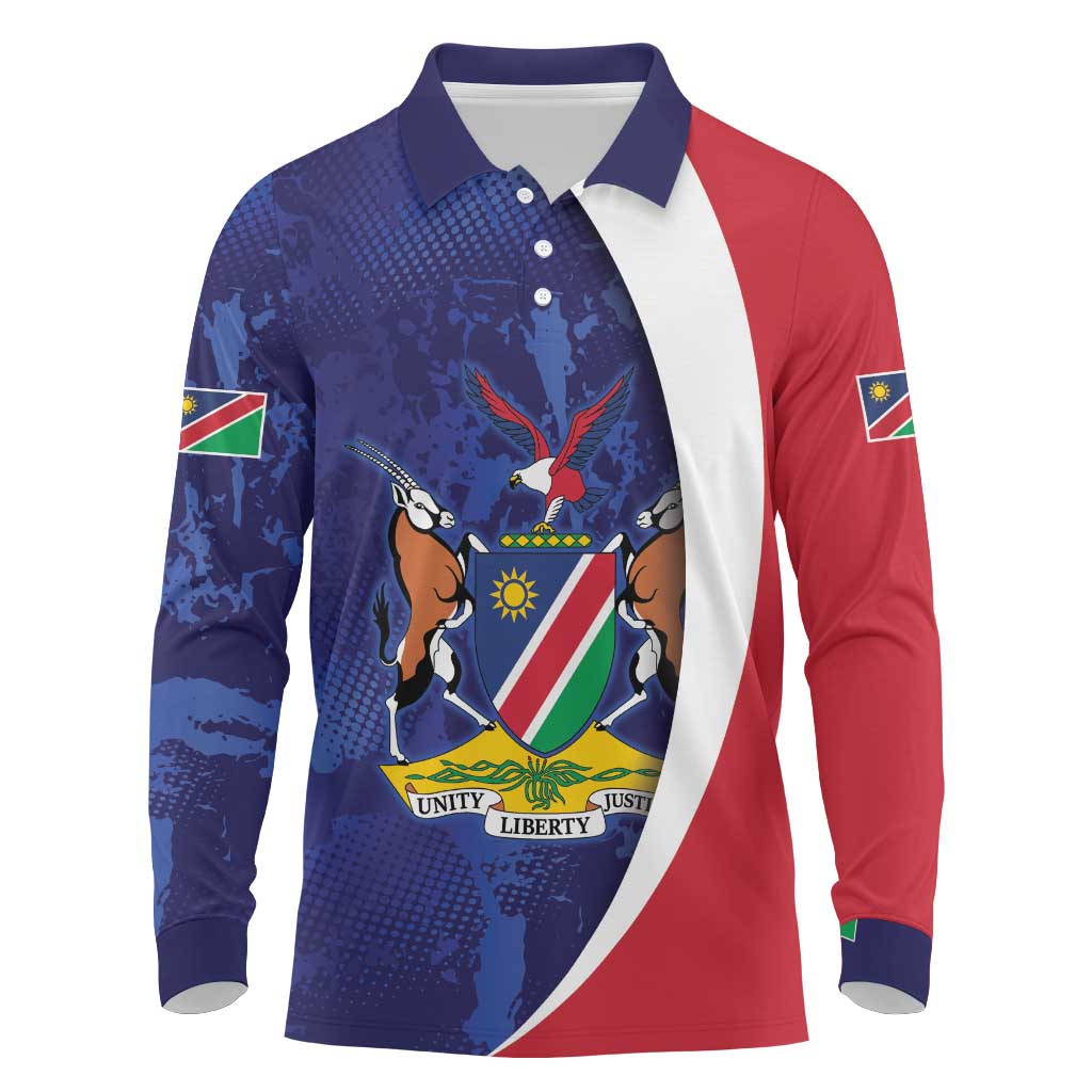 Namibia Cricket Custom Long Sleeve Polo Shirt Coat of arms Namibian Pattern - Wonder Print Shop