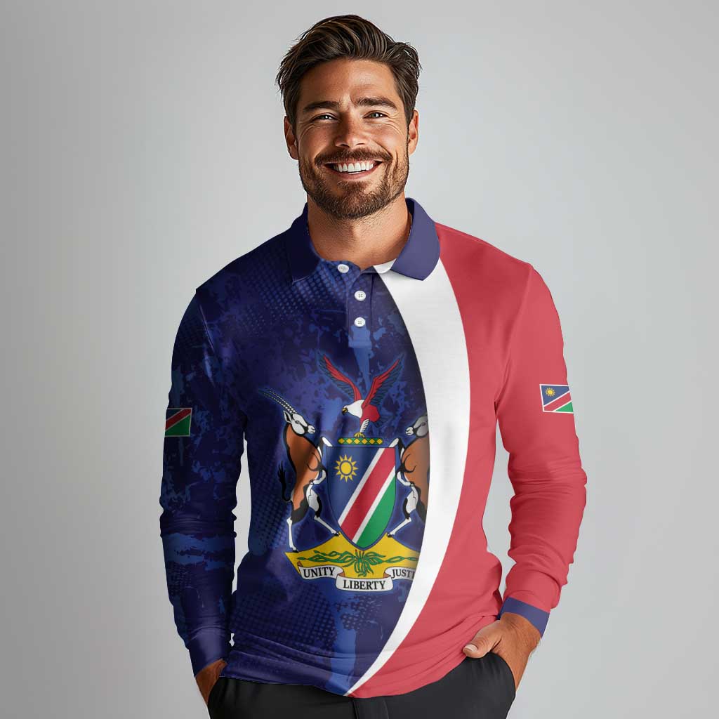 Namibia Cricket Custom Long Sleeve Polo Shirt Coat of arms Namibian Pattern - Wonder Print Shop