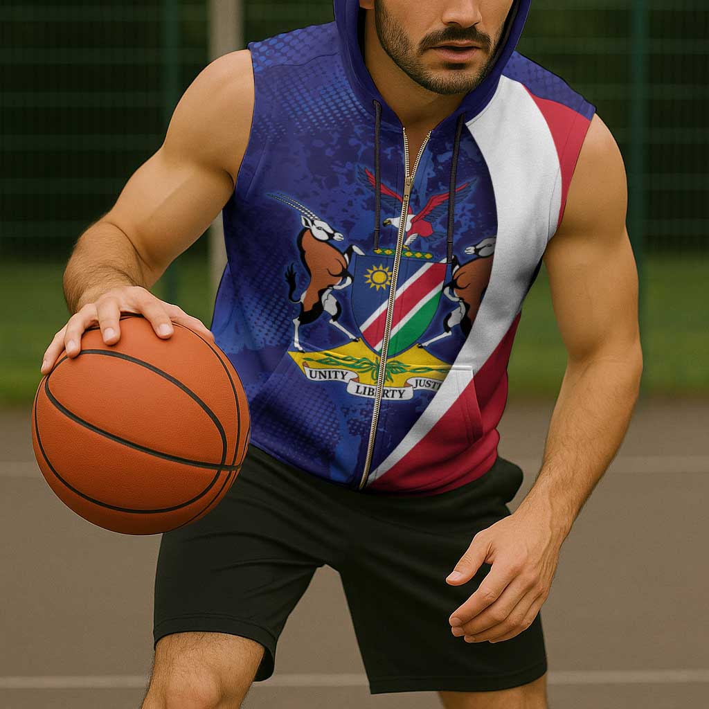 Namibia Cricket Custom Sleeveless Zip Hoodie Coat of arms Namibian Pattern - Wonder Print Shop