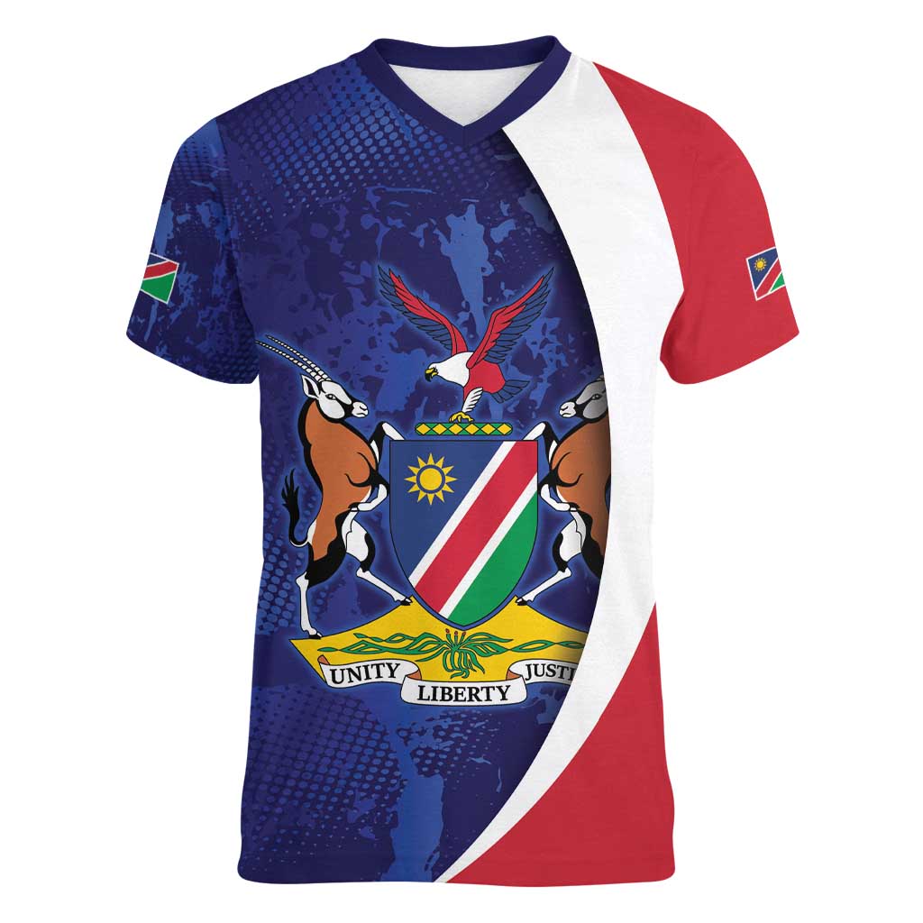 Namibia Cricket Custom Women V-Neck T-Shirt Coat of arms Namibian Pattern - Wonder Print Shop