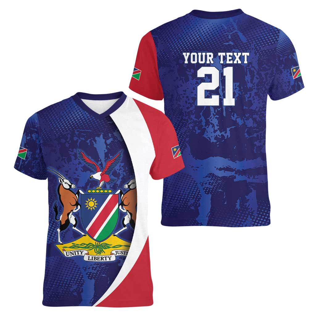 Namibia Cricket Custom Women V-Neck T-Shirt Coat of arms Namibian Pattern - Wonder Print Shop