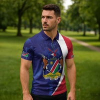 Namibia Cricket Custom Zipper Polo Shirt Coat of arms Namibian Pattern - Wonder Print Shop
