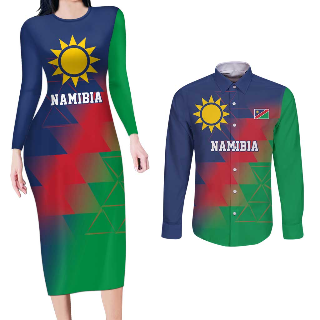 Namibia Cricket Custom Couples Matching Long Sleeve Bodycon Dress and Long Sleeve Button Shirt Namibian Gold Sun Flag Motif - Wonder Print Shop