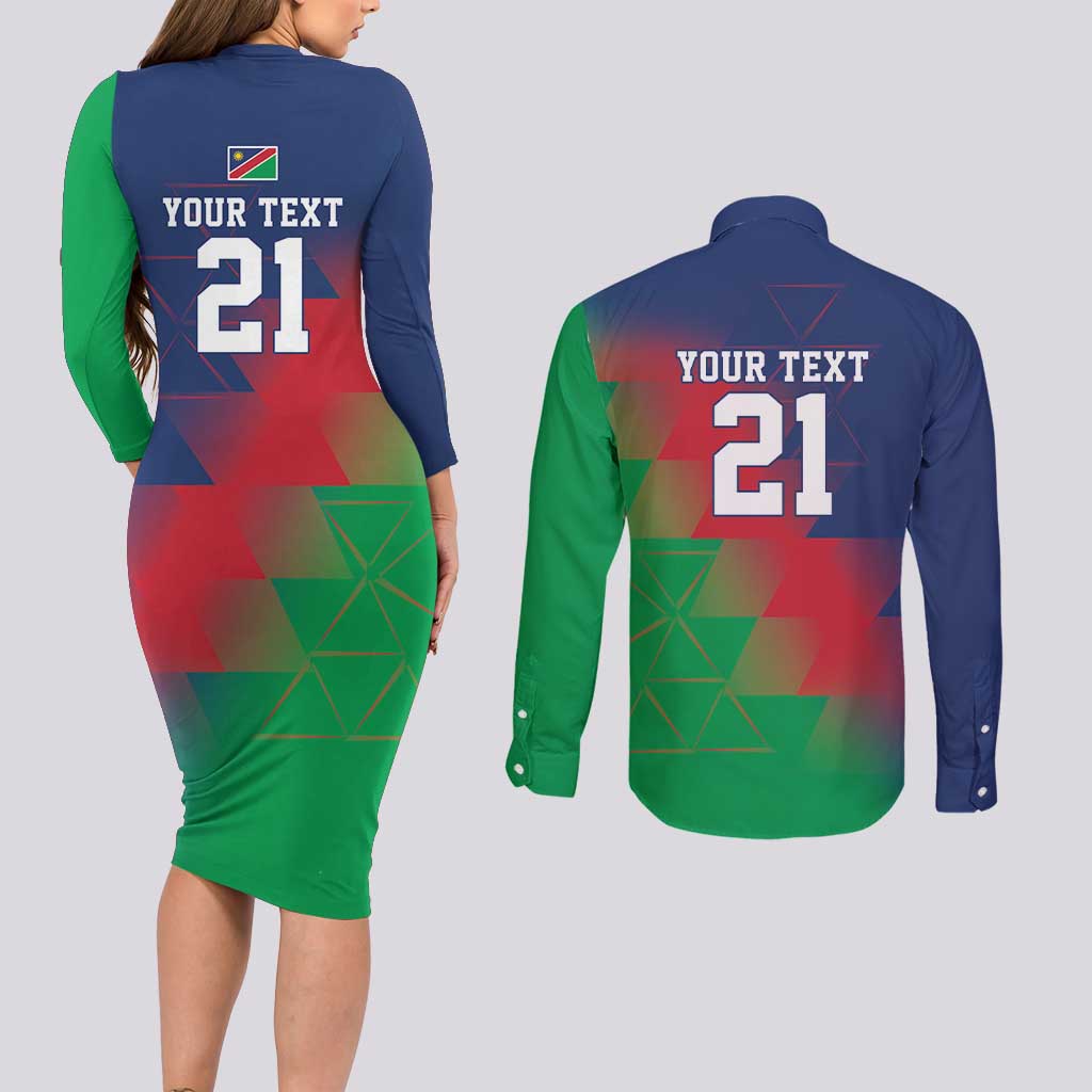 Namibia Cricket Custom Couples Matching Long Sleeve Bodycon Dress and Long Sleeve Button Shirt Namibian Gold Sun Flag Motif - Wonder Print Shop