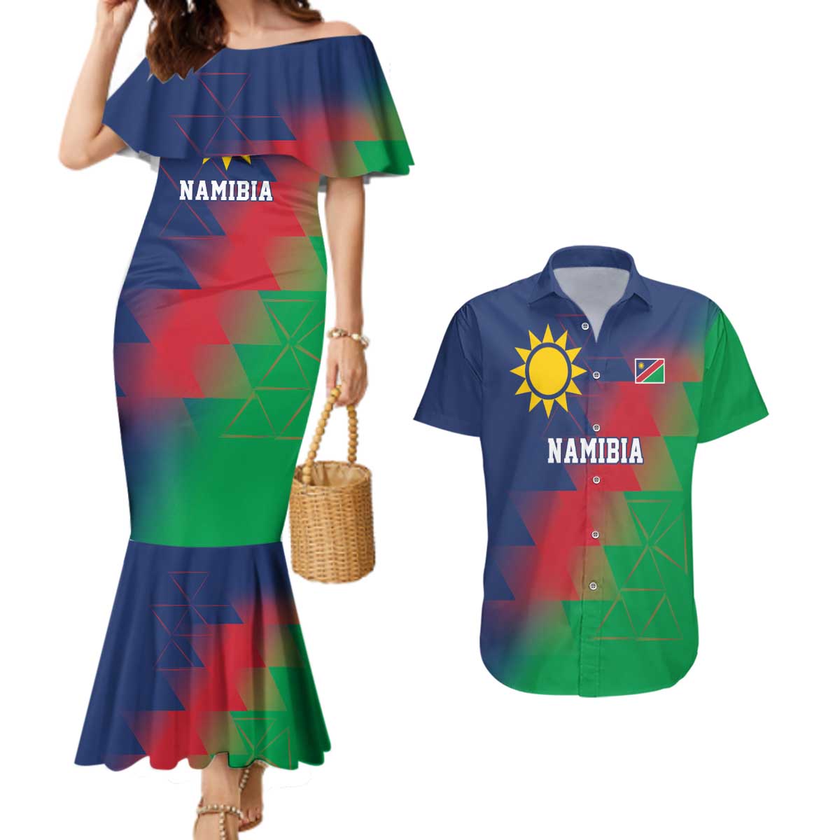 Namibia Cricket Custom Couples Matching Mermaid Dress and Hawaiian Shirt Namibian Gold Sun Flag Motif - Wonder Print Shop