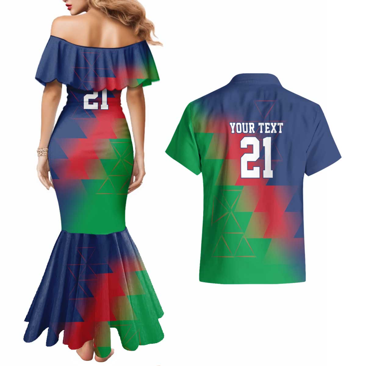 Namibia Cricket Custom Couples Matching Mermaid Dress and Hawaiian Shirt Namibian Gold Sun Flag Motif - Wonder Print Shop