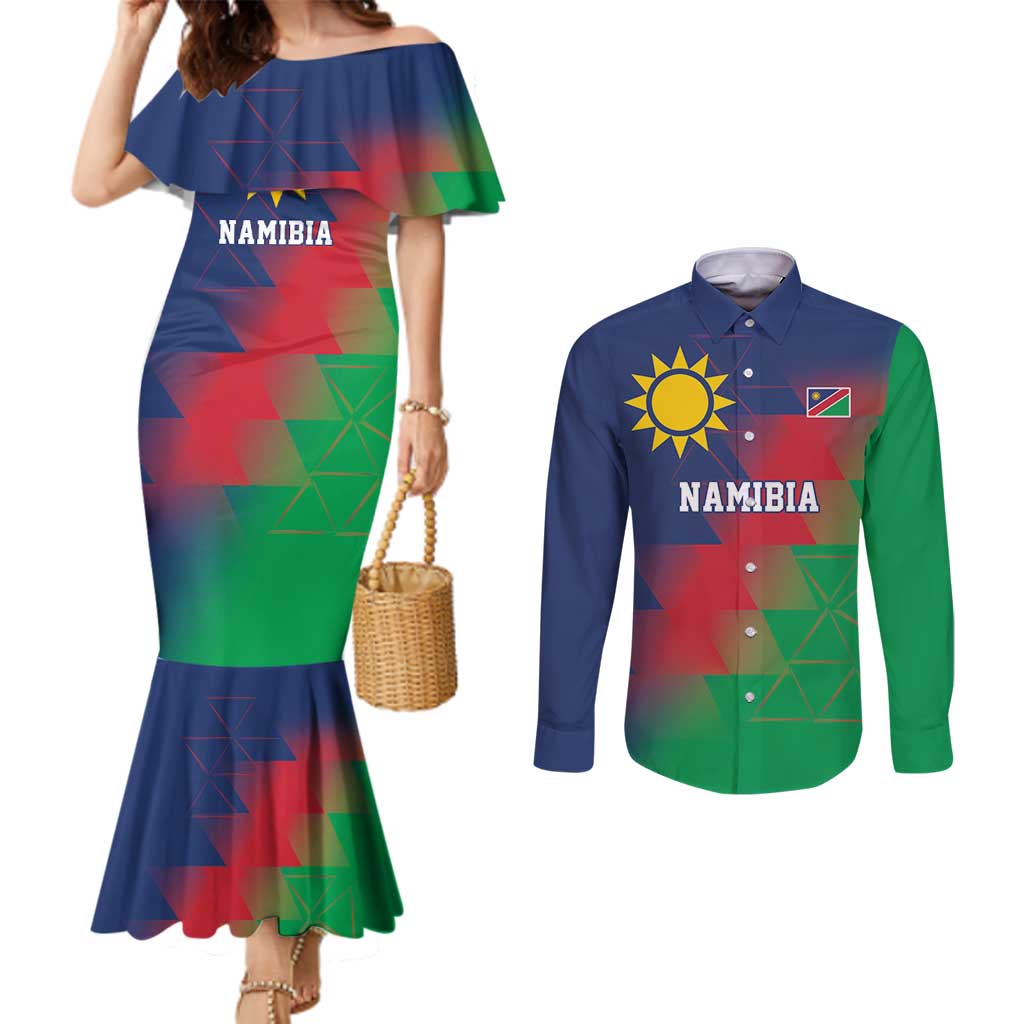 Namibia Cricket Custom Couples Matching Mermaid Dress and Long Sleeve Button Shirt Namibian Gold Sun Flag Motif - Wonder Print Shop