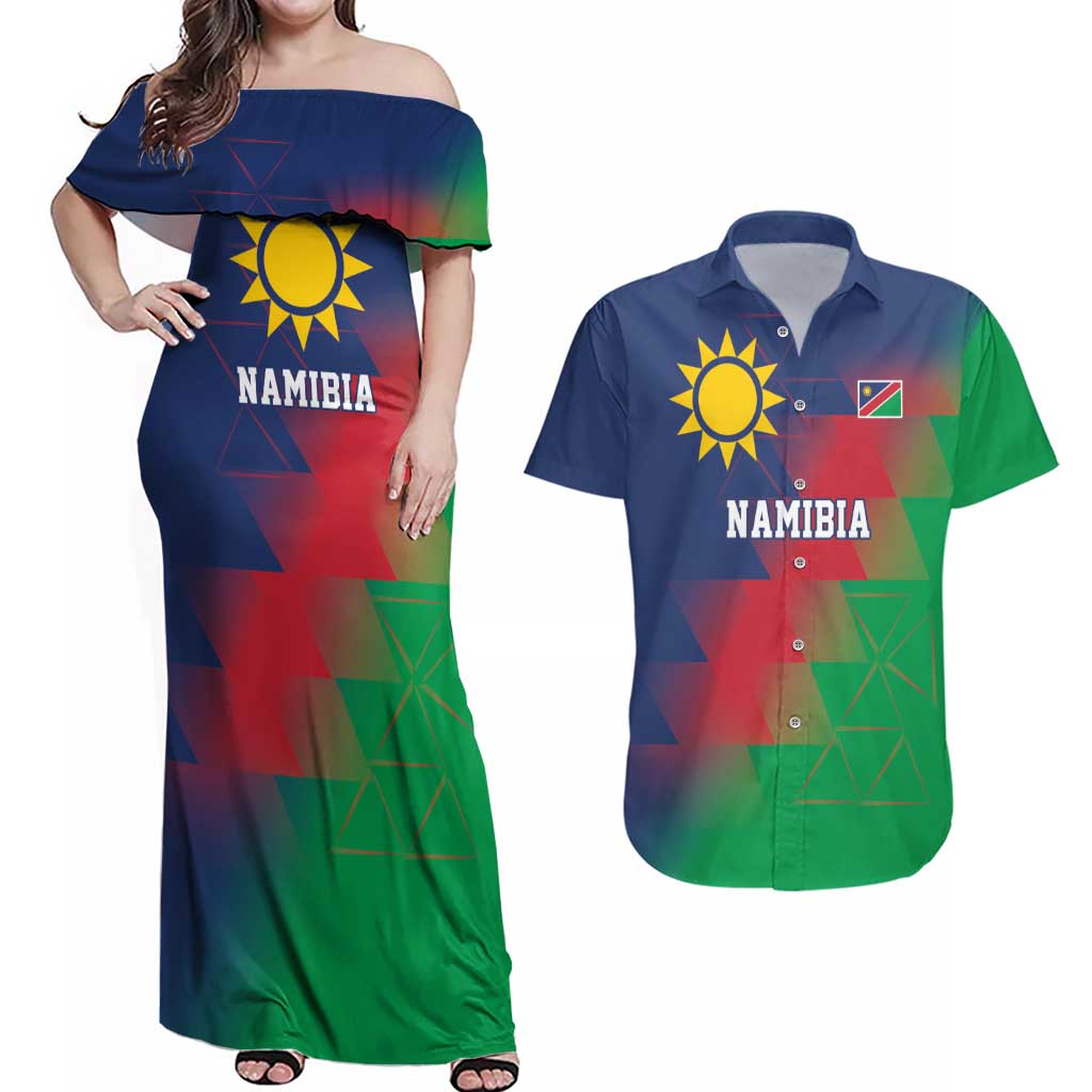 Namibia Cricket Custom Couples Matching Off Shoulder Maxi Dress and Hawaiian Shirt Namibian Gold Sun Flag Motif - Wonder Print Shop