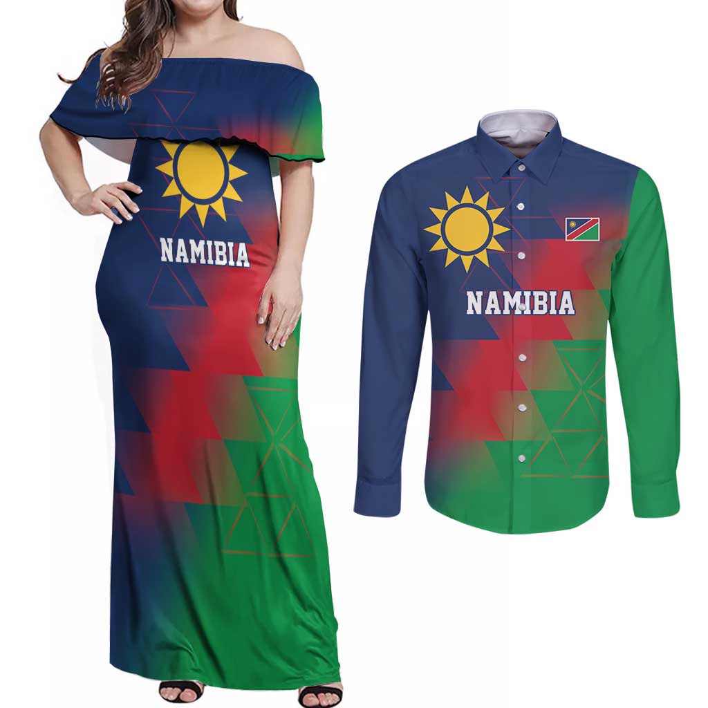 Namibia Cricket Custom Couples Matching Off Shoulder Maxi Dress and Long Sleeve Button Shirt Namibian Gold Sun Flag Motif - Wonder Print Shop