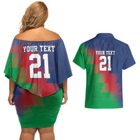 Namibia Cricket Custom Couples Matching Off Shoulder Short Dress and Hawaiian Shirt Namibian Gold Sun Flag Motif - Wonder Print Shop