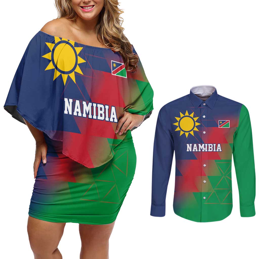 Namibia Cricket Custom Couples Matching Off Shoulder Short Dress and Long Sleeve Button Shirt Namibian Gold Sun Flag Motif - Wonder Print Shop
