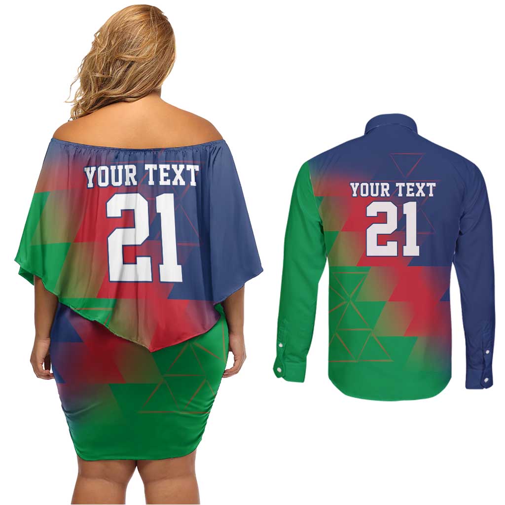 Namibia Cricket Custom Couples Matching Off Shoulder Short Dress and Long Sleeve Button Shirt Namibian Gold Sun Flag Motif - Wonder Print Shop