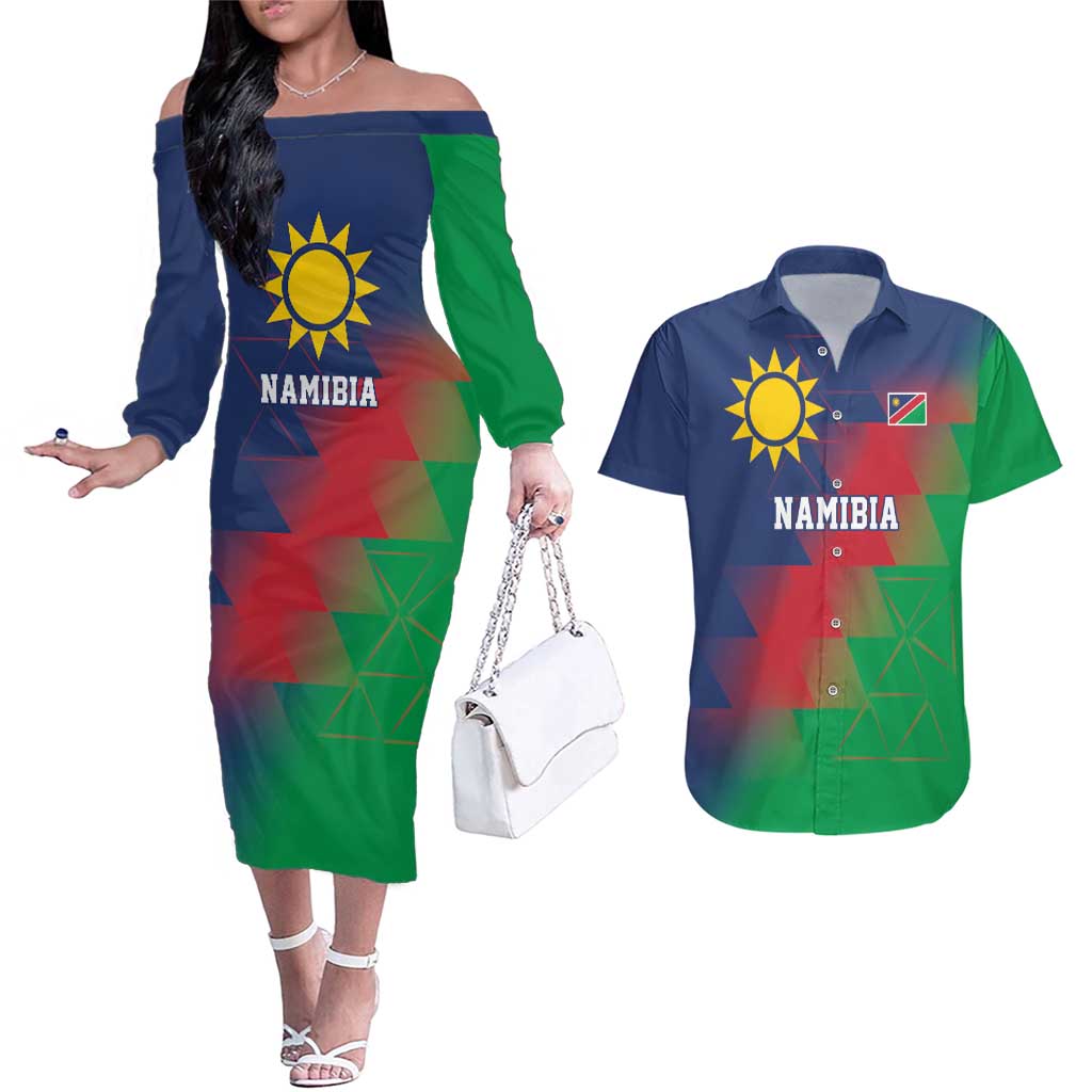 Namibia Cricket Custom Couples Matching Off The Shoulder Long Sleeve Dress and Hawaiian Shirt Namibian Gold Sun Flag Motif - Wonder Print Shop