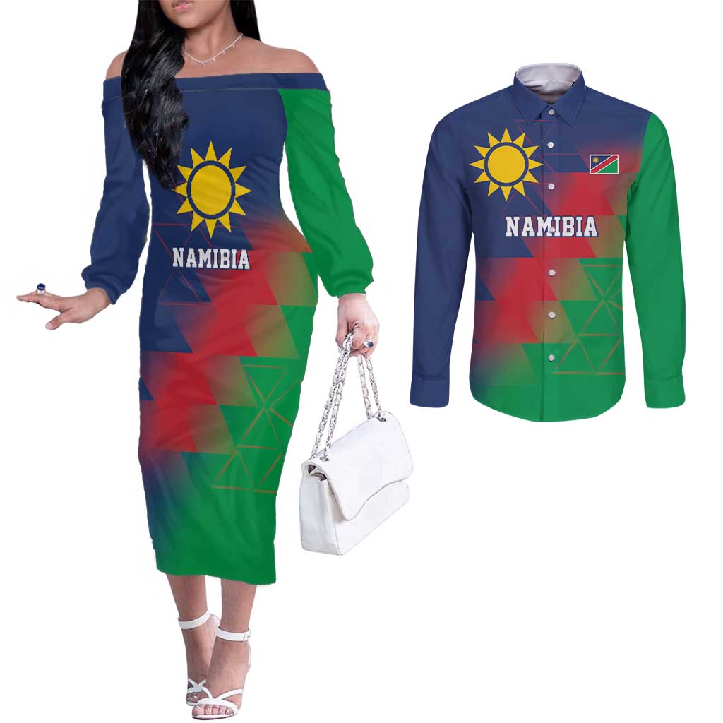 Namibia Cricket Custom Couples Matching Off The Shoulder Long Sleeve Dress and Long Sleeve Button Shirt Namibian Gold Sun Flag Motif - Wonder Print Shop