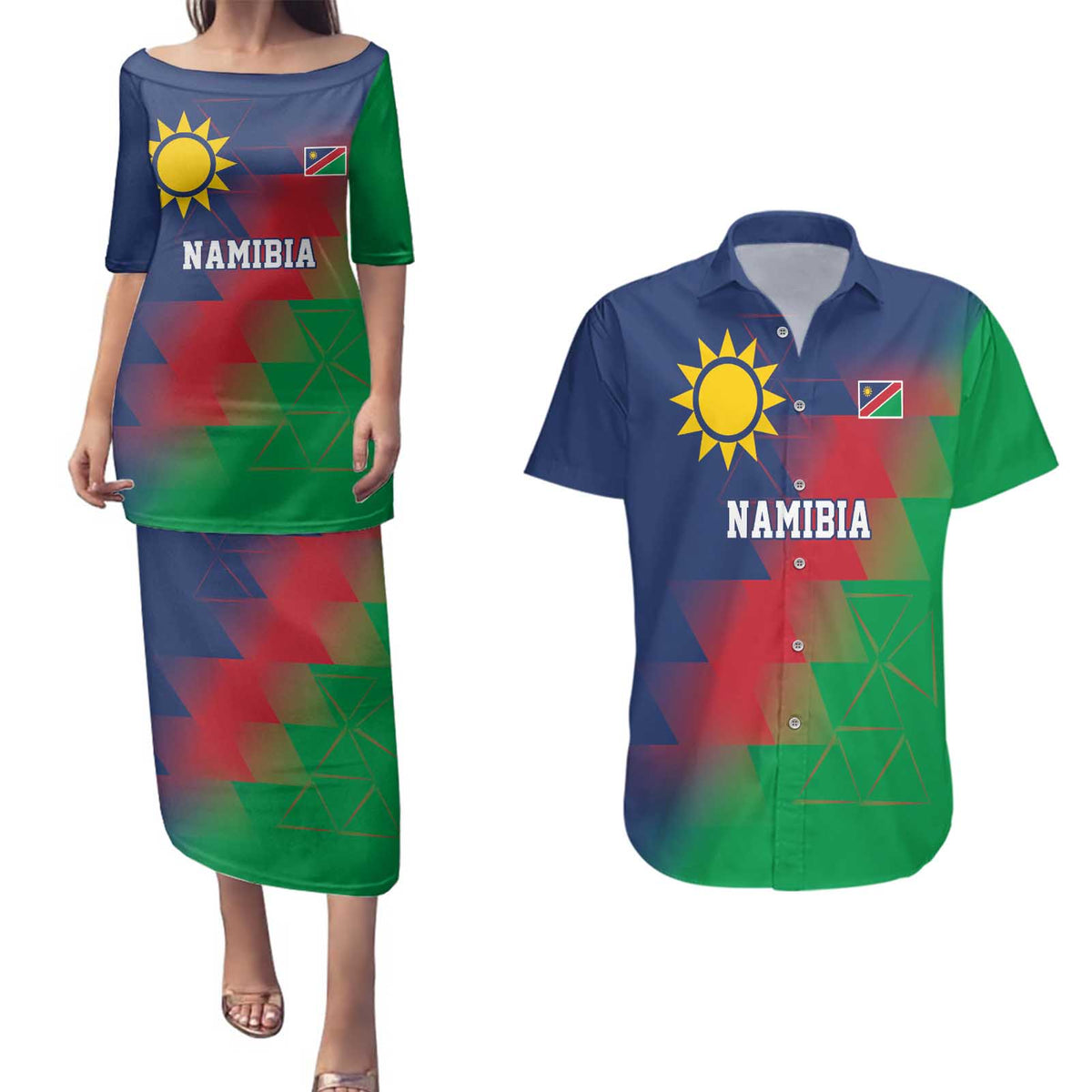 Namibia Cricket Custom Couples Matching Puletasi and Hawaiian Shirt Namibian Gold Sun Flag Motif - Wonder Print Shop