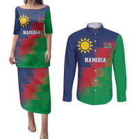 Namibia Cricket Custom Couples Matching Puletasi and Long Sleeve Button Shirt Namibian Gold Sun Flag Motif - Wonder Print Shop