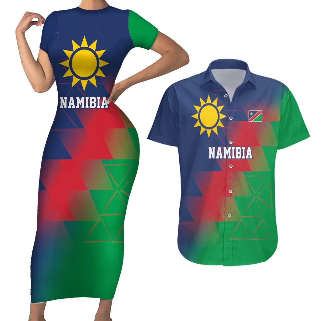 Namibia Cricket Custom Couples Matching Short Sleeve Bodycon Dress and Hawaiian Shirt Namibian Gold Sun Flag Motif - Wonder Print Shop
