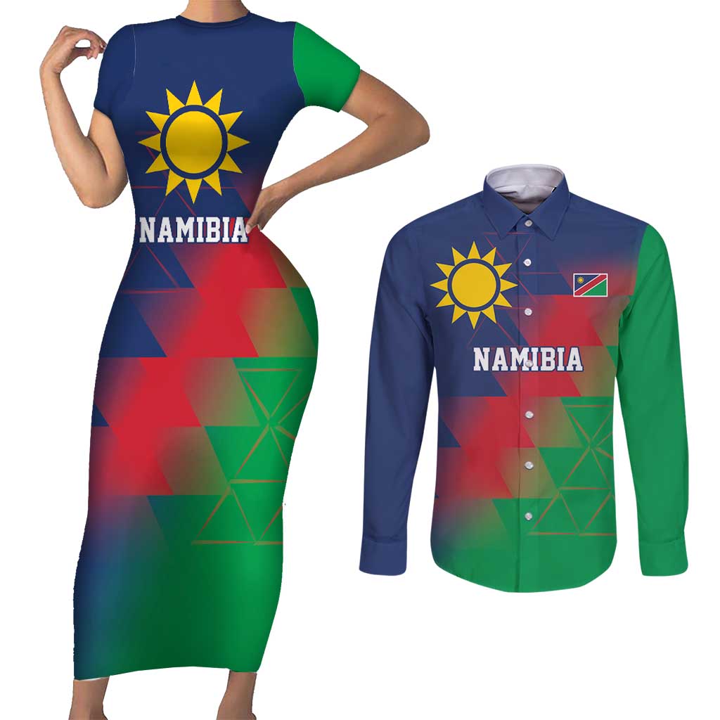 Namibia Cricket Custom Couples Matching Short Sleeve Bodycon Dress and Long Sleeve Button Shirt Namibian Gold Sun Flag Motif - Wonder Print Shop