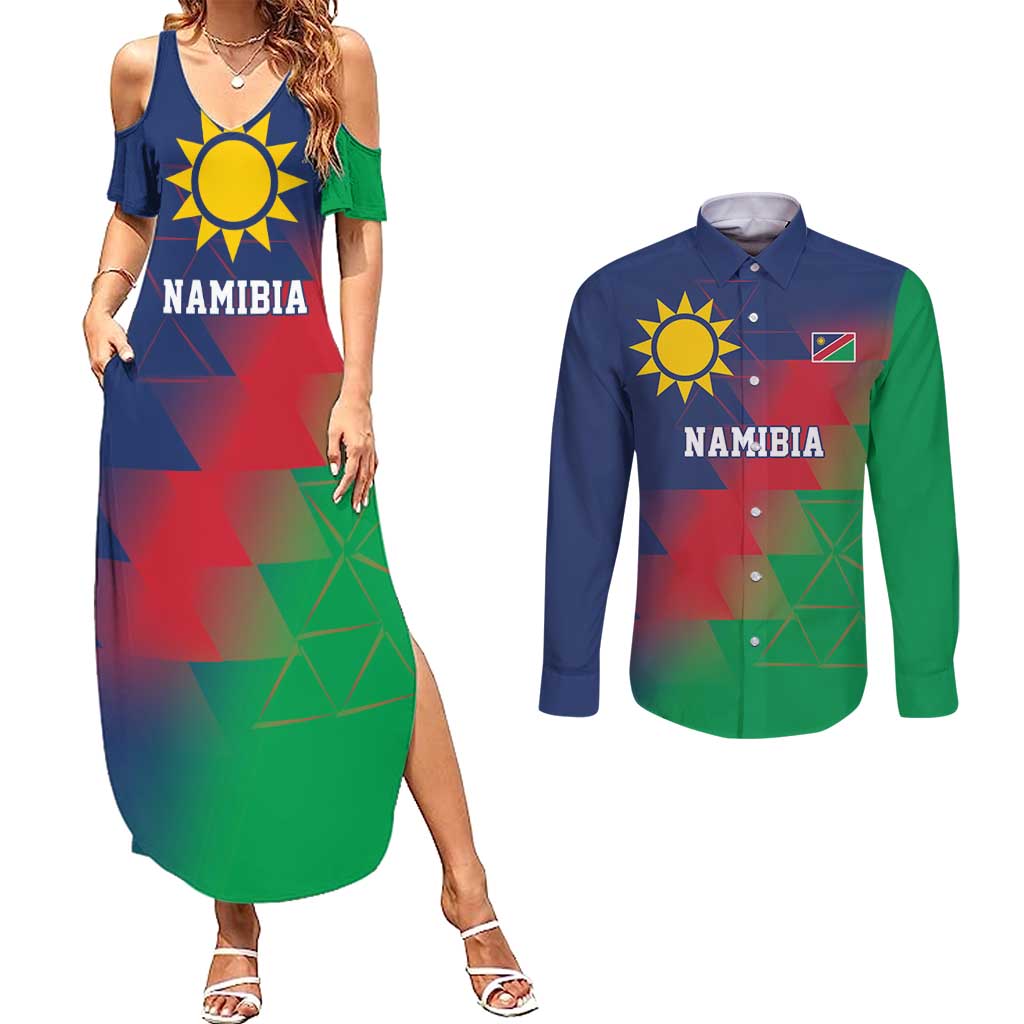 Namibia Cricket Custom Couples Matching Summer Maxi Dress and Long Sleeve Button Shirt Namibian Gold Sun Flag Motif - Wonder Print Shop