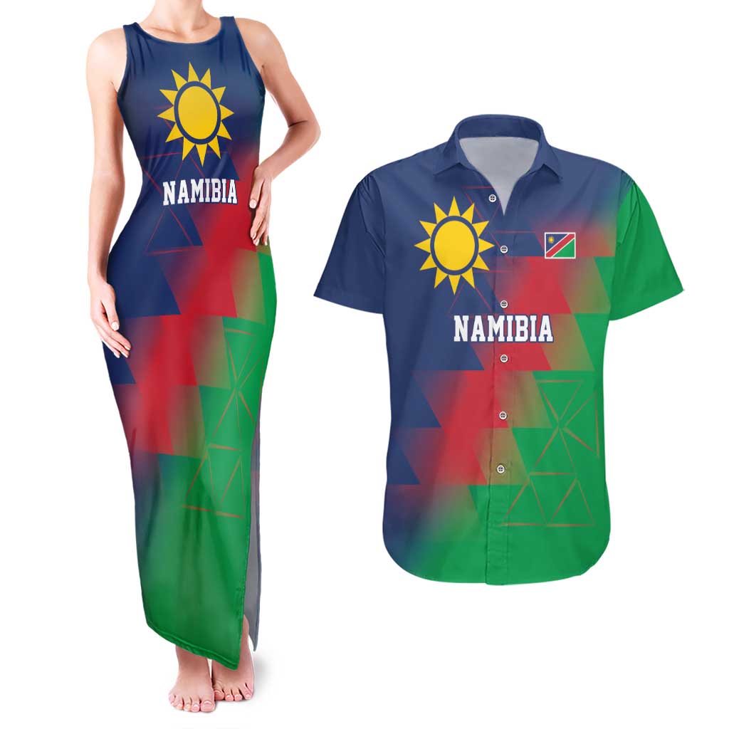 Namibia Cricket Custom Couples Matching Tank Maxi Dress and Hawaiian Shirt Namibian Gold Sun Flag Motif - Wonder Print Shop