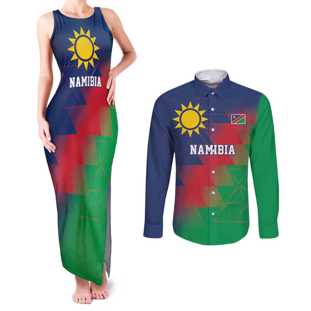Namibia Cricket Custom Couples Matching Tank Maxi Dress and Long Sleeve Button Shirt Namibian Gold Sun Flag Motif - Wonder Print Shop