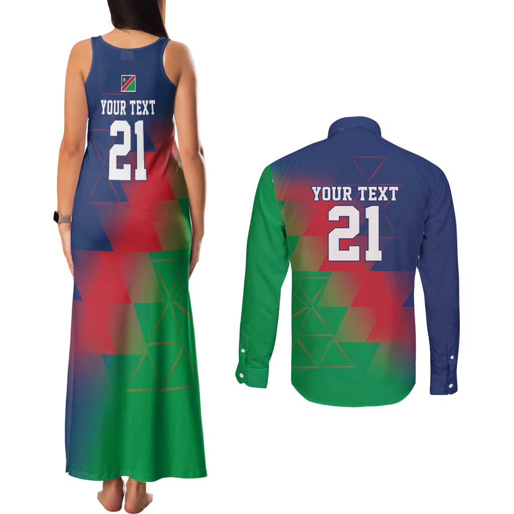 Namibia Cricket Custom Couples Matching Tank Maxi Dress and Long Sleeve Button Shirt Namibian Gold Sun Flag Motif - Wonder Print Shop