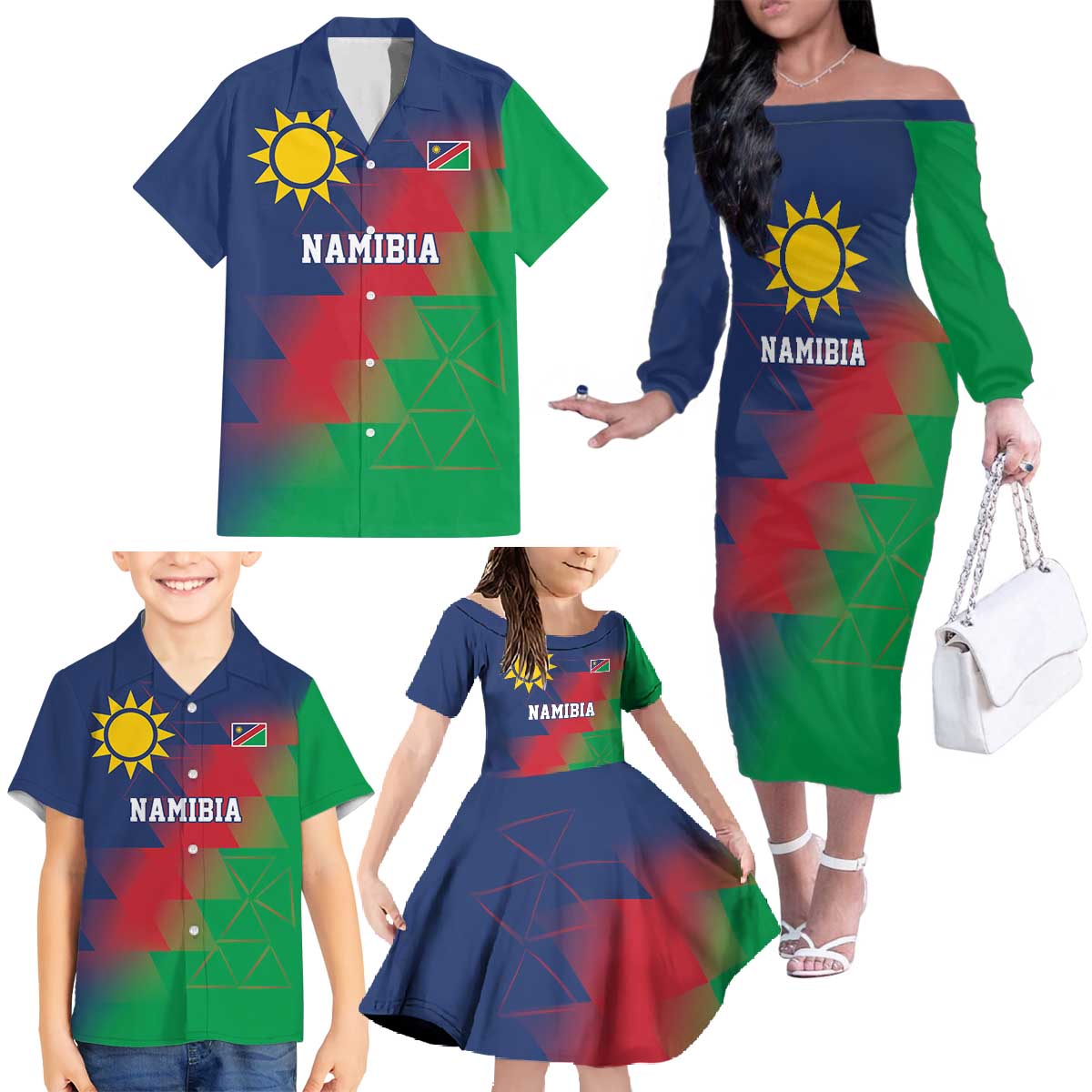 Namibia Cricket Custom Family Matching Off The Shoulder Long Sleeve Dress and Hawaiian Shirt Namibian Gold Sun Flag Motif - Wonder Print Shop