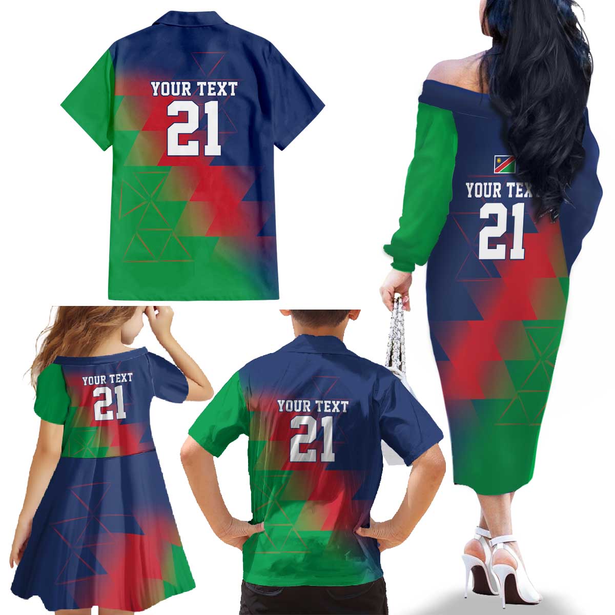 Namibia Cricket Custom Family Matching Off The Shoulder Long Sleeve Dress and Hawaiian Shirt Namibian Gold Sun Flag Motif - Wonder Print Shop