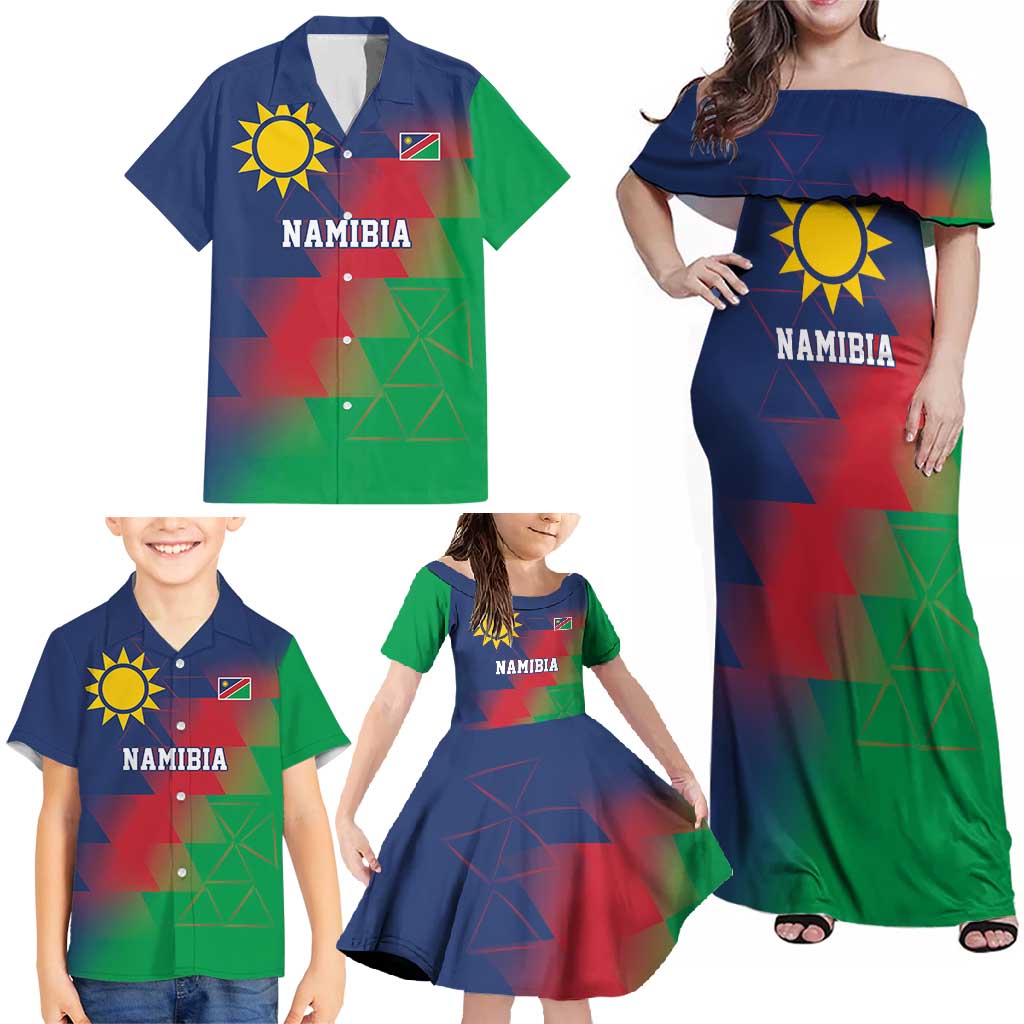 Namibia Cricket Custom Family Matching Off Shoulder Maxi Dress and Hawaiian Shirt Namibian Gold Sun Flag Motif - Wonder Print Shop