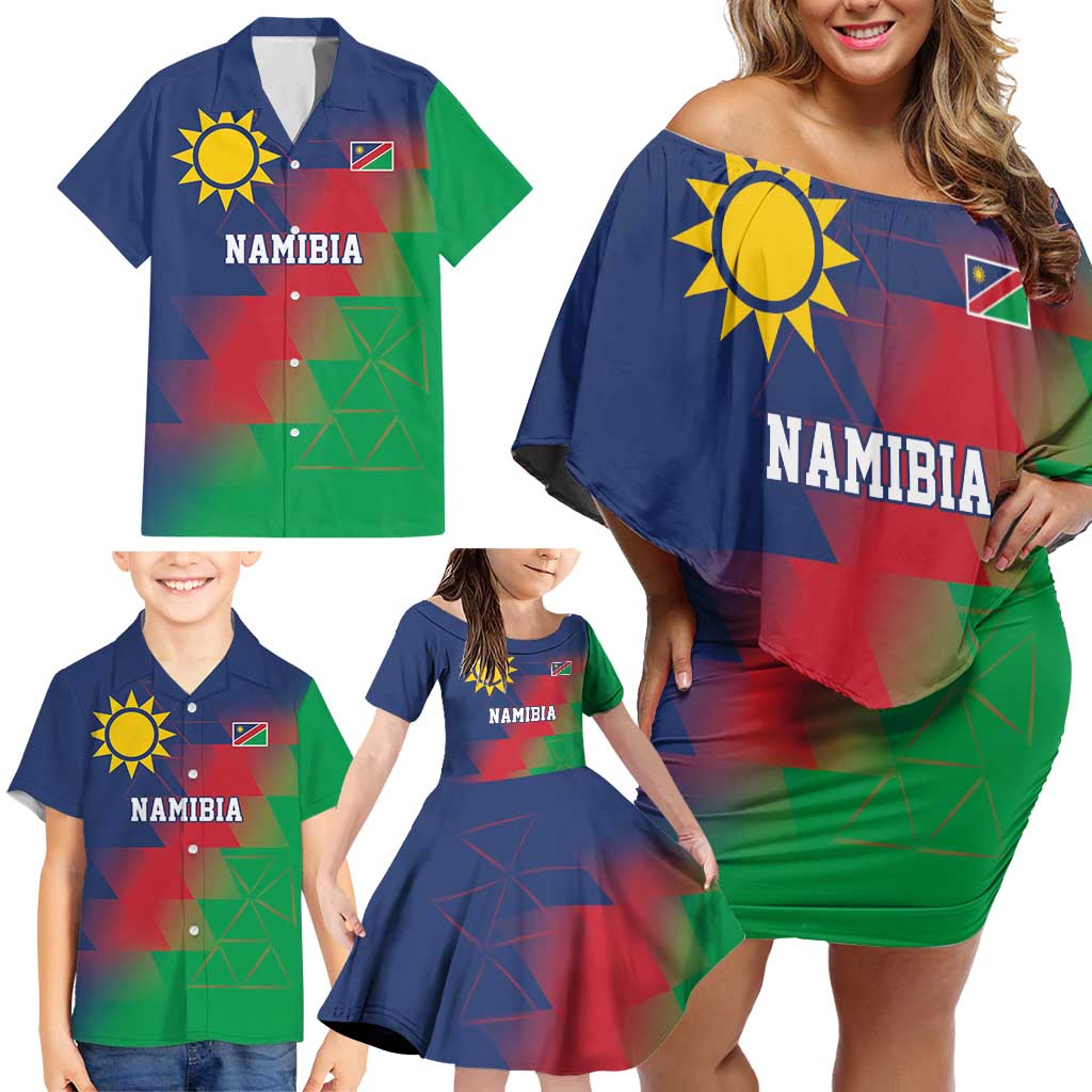 Namibia Cricket Custom Family Matching Off Shoulder Short Dress and Hawaiian Shirt Namibian Gold Sun Flag Motif - Wonder Print Shop
