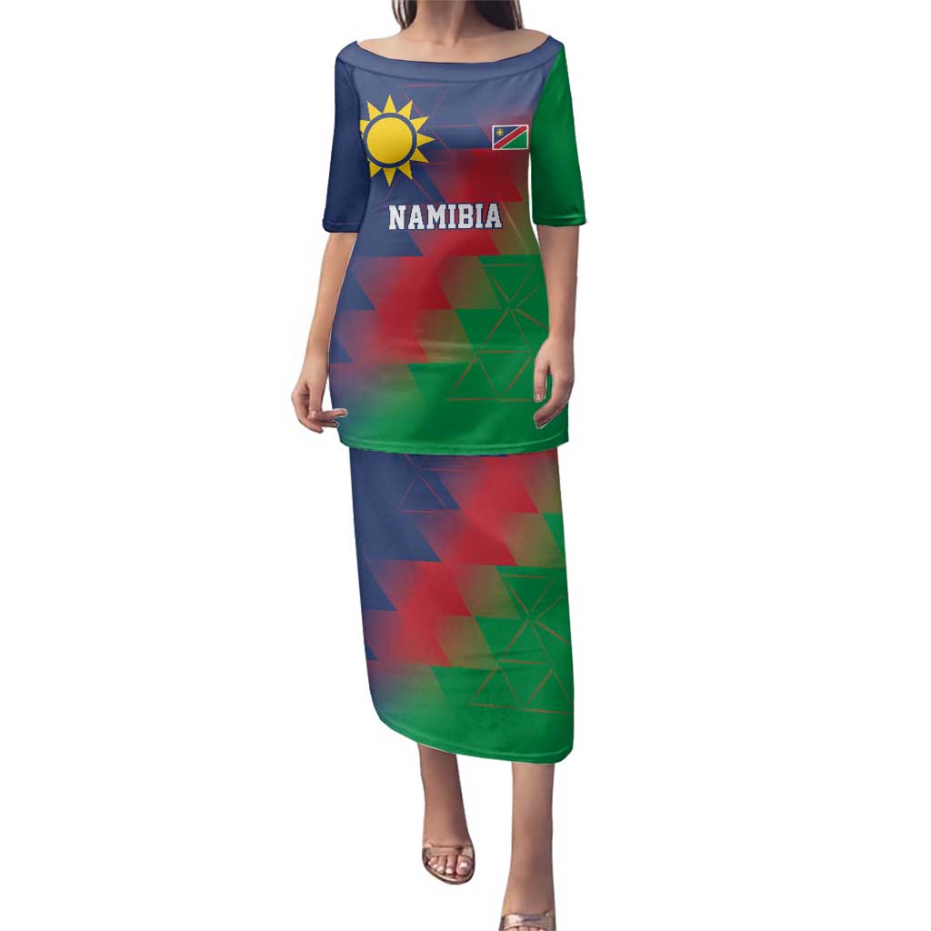 Namibia Cricket Custom Family Matching Puletasi and Hawaiian Shirt Namibian Gold Sun Flag Motif - Wonder Print Shop