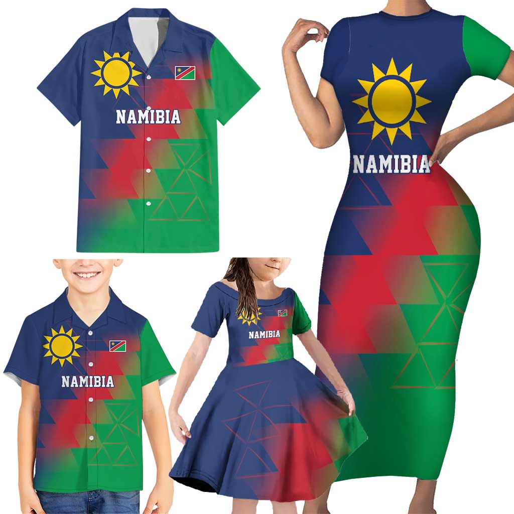Namibia Cricket Custom Family Matching Short Sleeve Bodycon Dress and Hawaiian Shirt Namibian Gold Sun Flag Motif - Wonder Print Shop