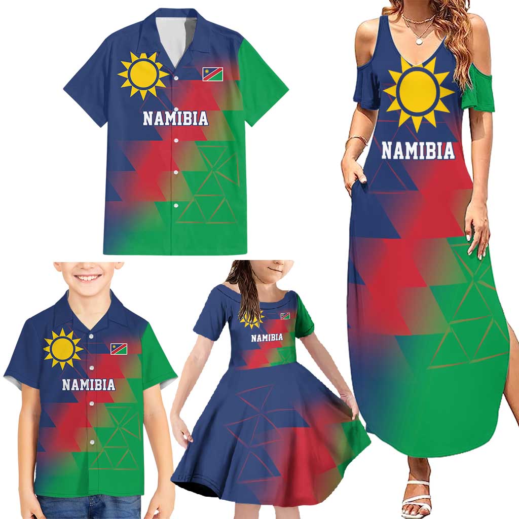 Namibia Cricket Custom Family Matching Summer Maxi Dress and Hawaiian Shirt Namibian Gold Sun Flag Motif - Wonder Print Shop