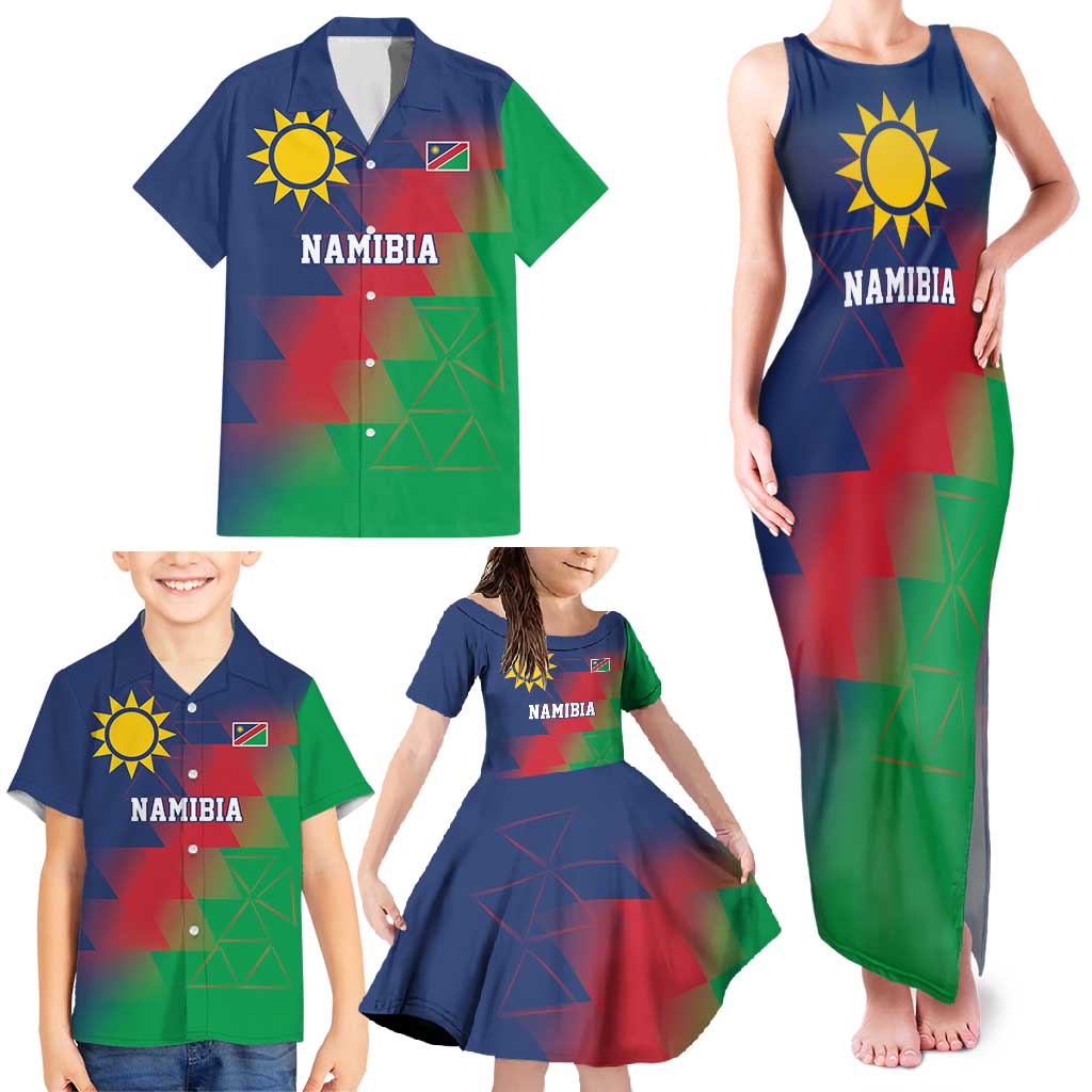 Namibia Cricket Custom Family Matching Tank Maxi Dress and Hawaiian Shirt Namibian Gold Sun Flag Motif - Wonder Print Shop