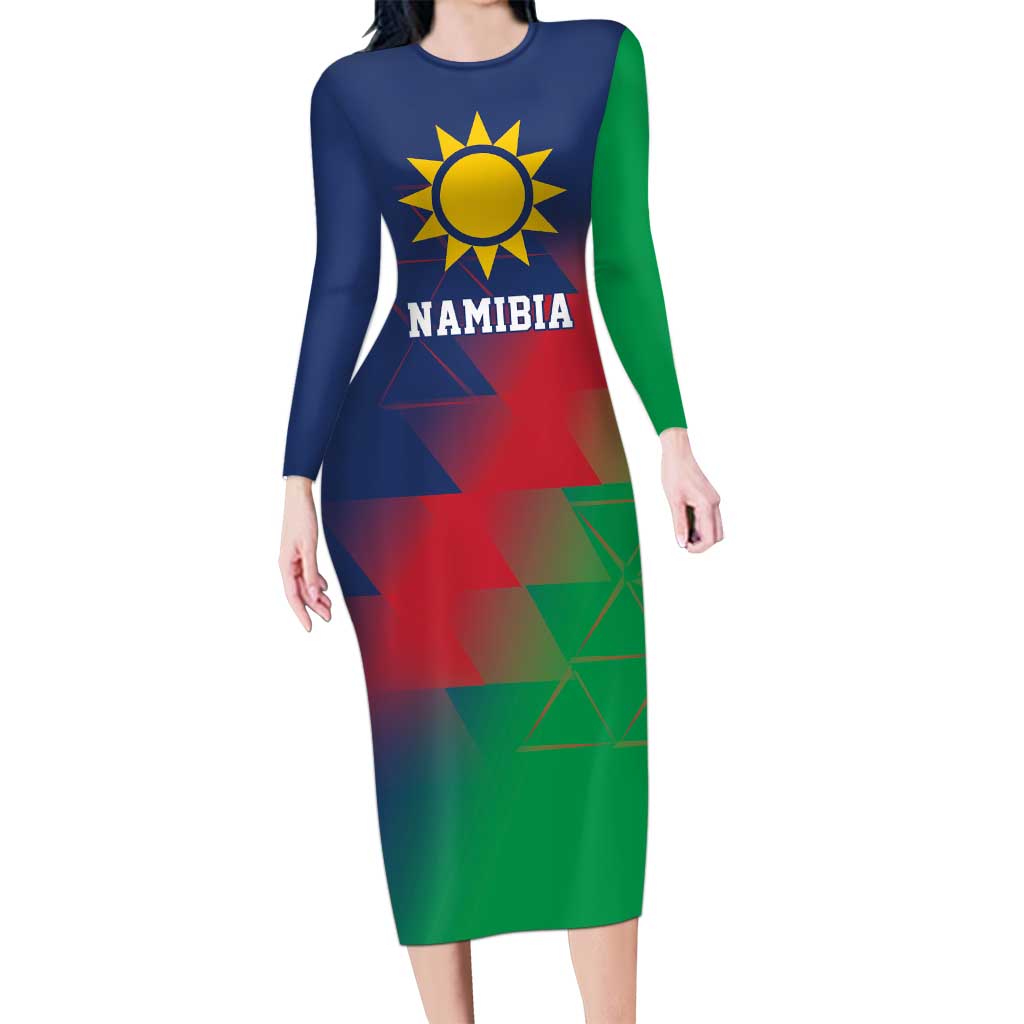 Namibia Cricket Custom Long Sleeve Bodycon Dress Namibian Gold Sun Flag Motif - Wonder Print Shop
