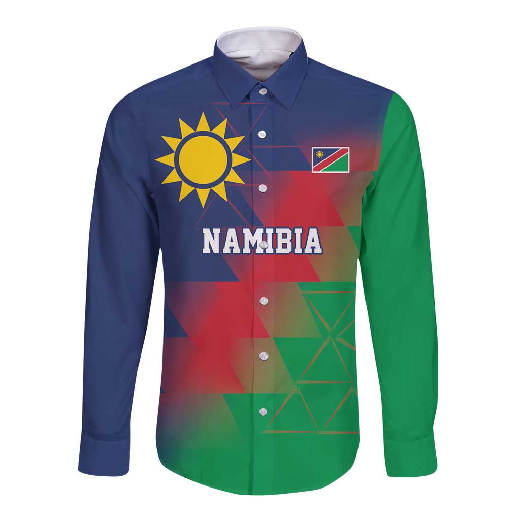Namibia Cricket Custom Long Sleeve Button Shirt Namibian Gold Sun Flag Motif - Wonder Print Shop