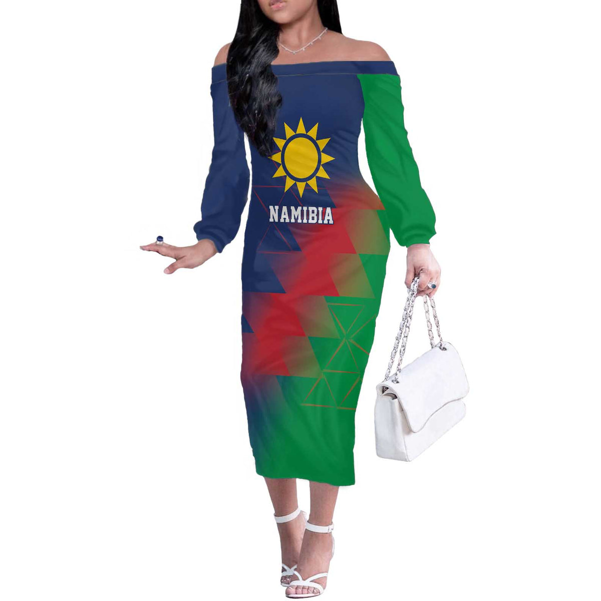 Namibia Cricket Custom Off The Shoulder Long Sleeve Dress Namibian Gold Sun Flag Motif - Wonder Print Shop
